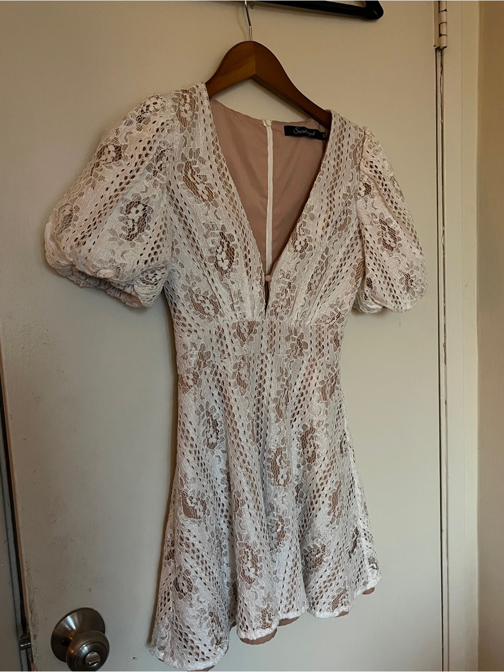 Lace Puff-Sleeve Mini Dress in Ivory with Nude Lining